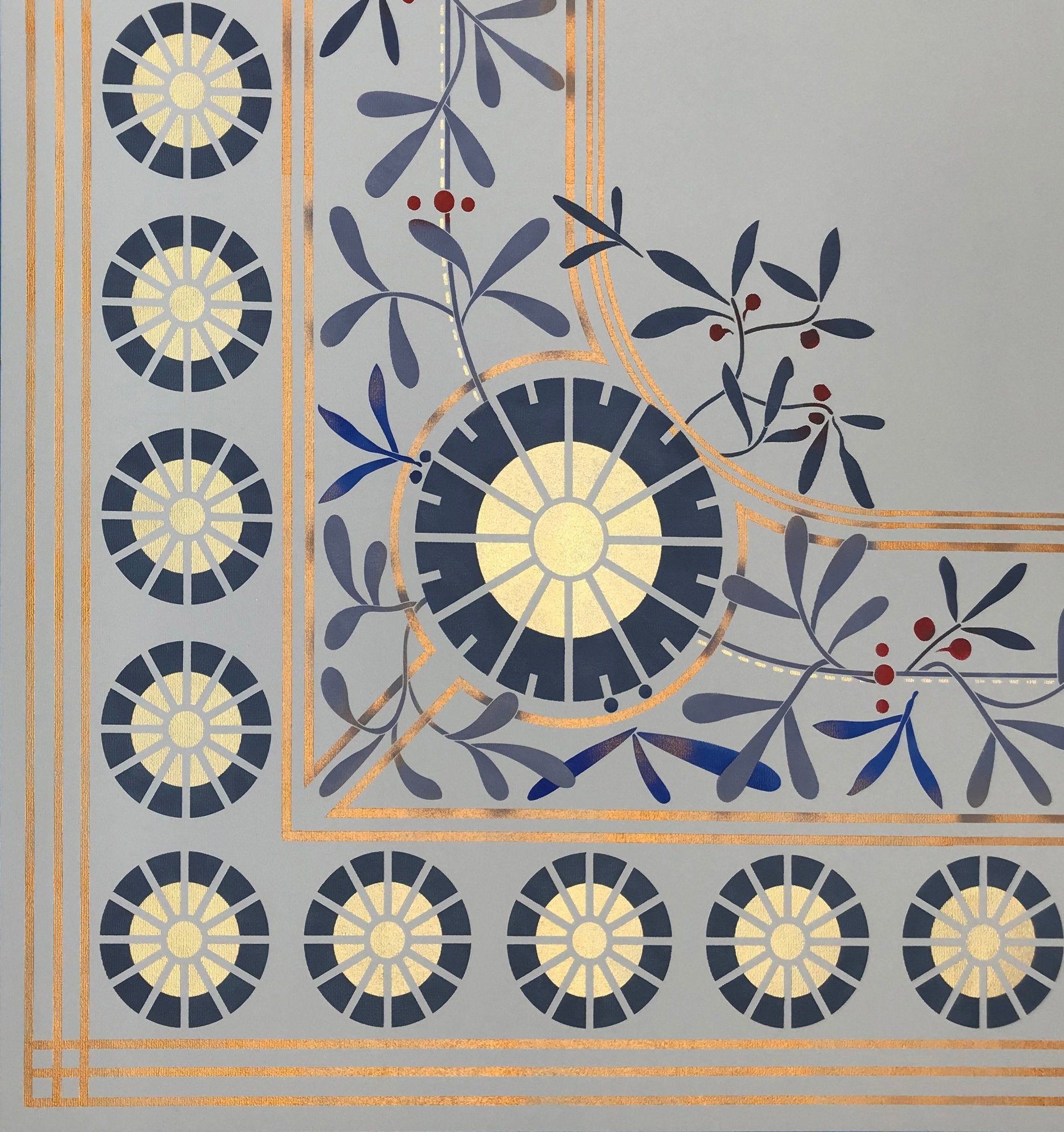 Close up corner image of this floorcloth.  The design is based on a ceiling pattern in the 1889 Robert Graves Co. Wallpaper Catalog.