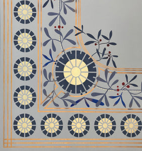Close up corner image of this floorcloth.  The design is based on a ceiling pattern in the 1889 Robert Graves Co. Wallpaper Catalog.