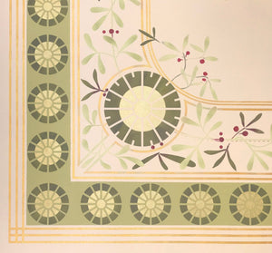 A close up of a corner of this delightful floorcloth design based on a wallpaper ceiling pattern, c. 1889.