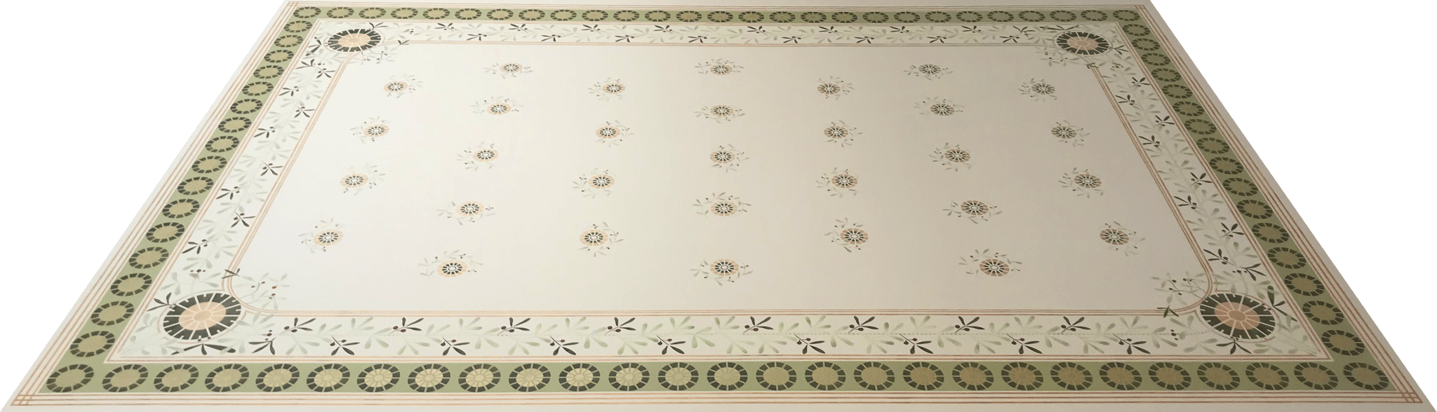 A full view from the long side of this floorcloth based on a wallpaper ceiling pattern from a Robert Graves & Co. catalog, c. 1889.