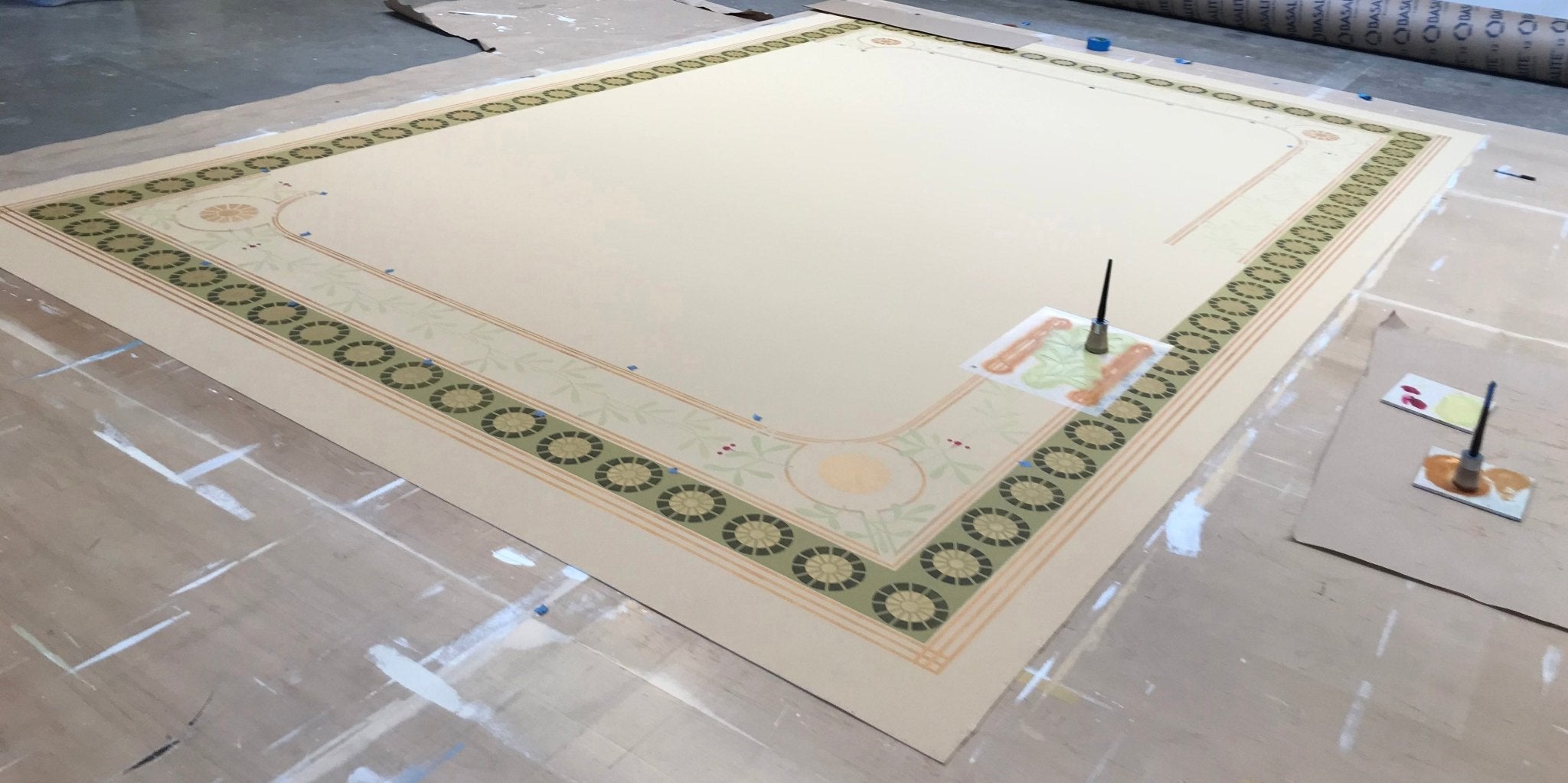 Production photo #3, showing the partially stenciled border design.