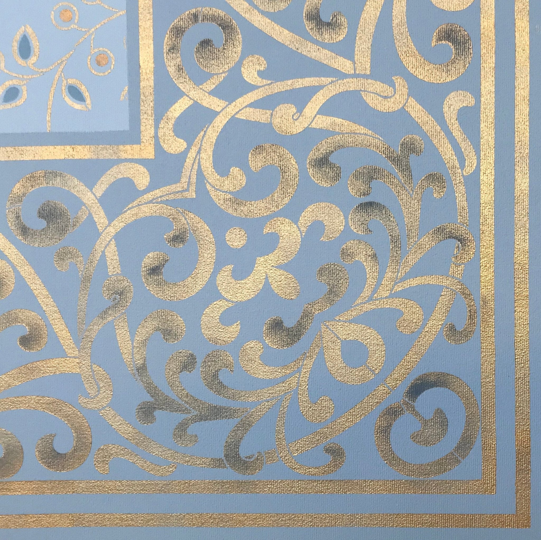 A close up of the corner of this floorcloth based on Robert Graves Co. wallpaper patterns c. 1800s.