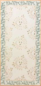 The full image of this floorcloth with the interior pattern based on a wallpaper ceiling pattern from Robert Graves & Co, c1880s and an intertwined scroll border. 