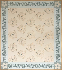 Full image of Graves Circles and Scrolls Floorcloth #3.  The center pattern is based on a Robert Graves and Co. wallpaper pattern c1880s, complemented by a lovely scroll border with StarFlowers in the corners.