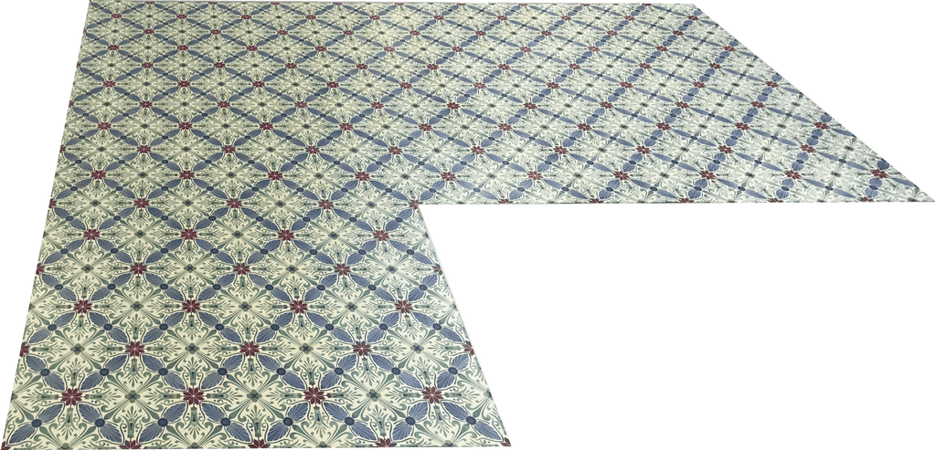 Full image of this floorcloth based on a Christopher Dresser design with an overall diamond pattern and slightly deco elements. This floorcloth was shaped to fit the room in which it resides.