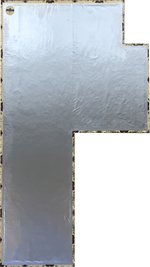 Load image into Gallery viewer, Backside of this shaped floorcloth showing waterproof fabric adhered to hem, with a layer of carpet padding underneath the fabric layer.
