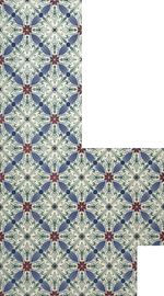 Load image into Gallery viewer, Full image of this shaped floorcloth based on a Christopher Dresser design with an overall diamond pattern and slightly deco elements.
