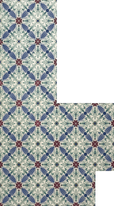 Full image of this shaped floorcloth based on a Christopher Dresser design with an overall diamond pattern and slightly deco elements.