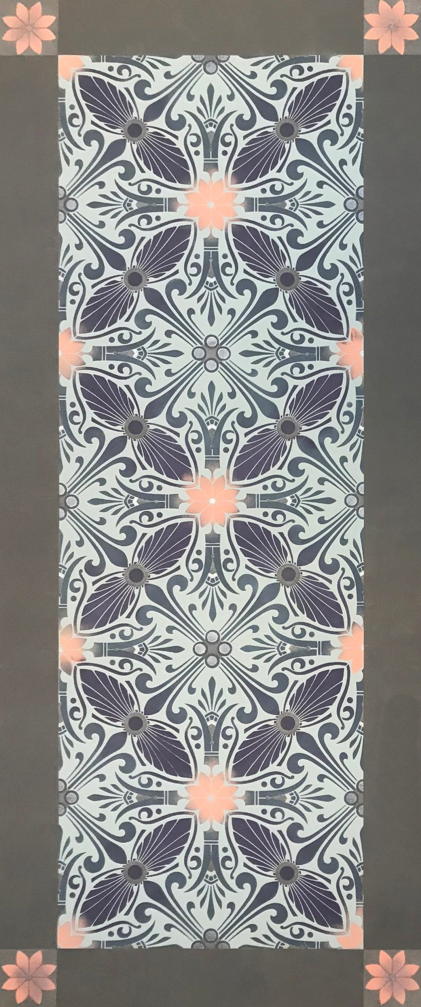 Full image of this floorcloth based on a Christopher Dresser pattern. THe palette employs compatible blue, purple, silver and pink.  
