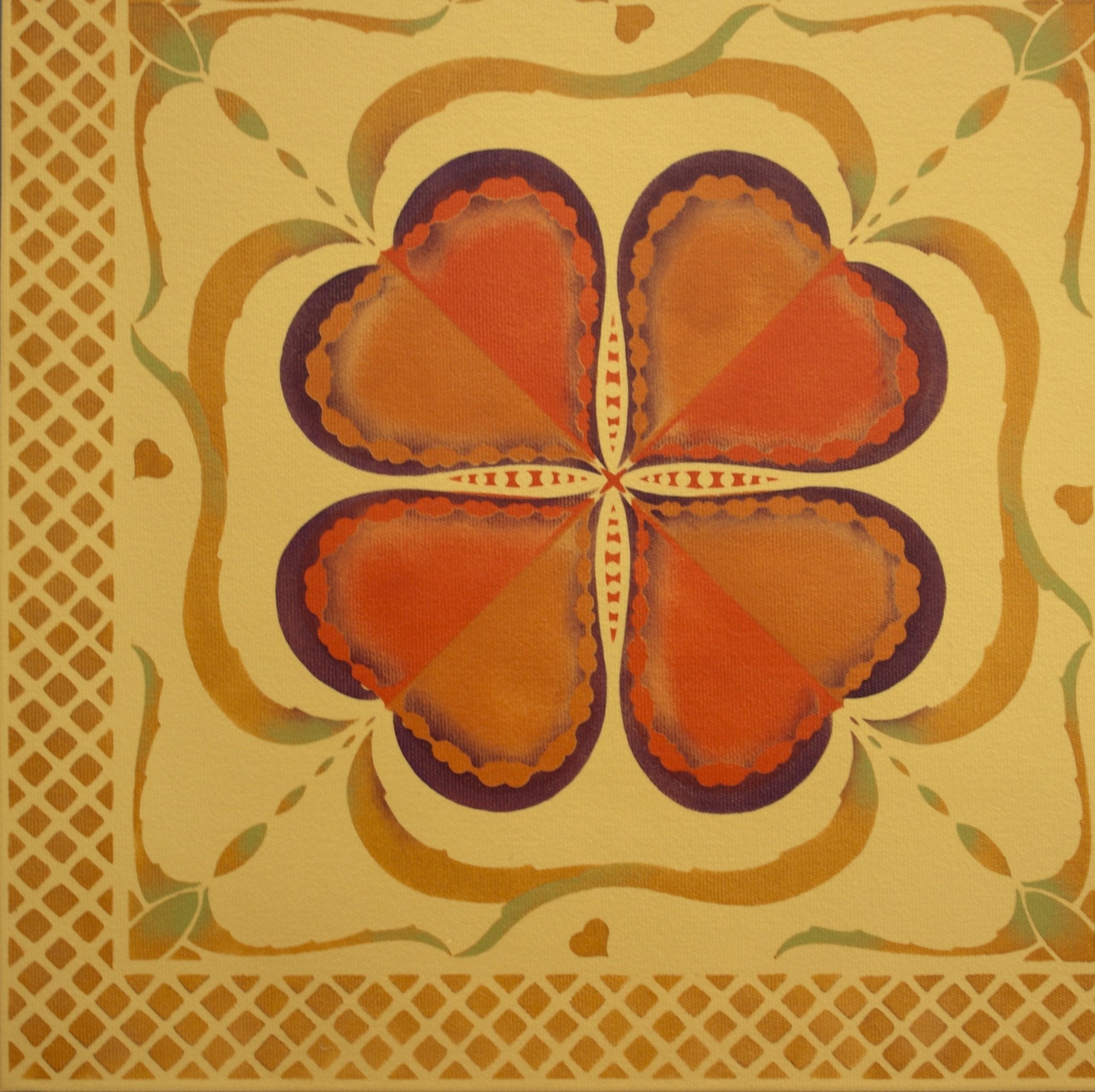 A close up image of the corner of Honeymoon Floorcloth #1.