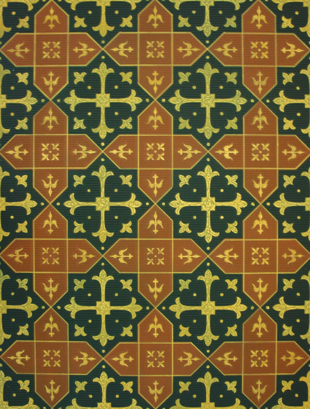 A close up of the Hay House pattern, a classic encaustic tile pattern with its cross and star structure, enhanced with gothic detailing.