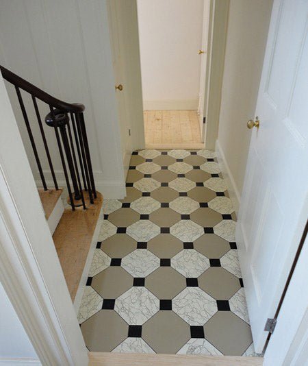 Installation photo of Hamilton Grange Floorcloth installed in the Side Hall.