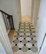 Load image into Gallery viewer, Installation photo of Hamilton Grange Floorcloth installed in the Side Hall.
