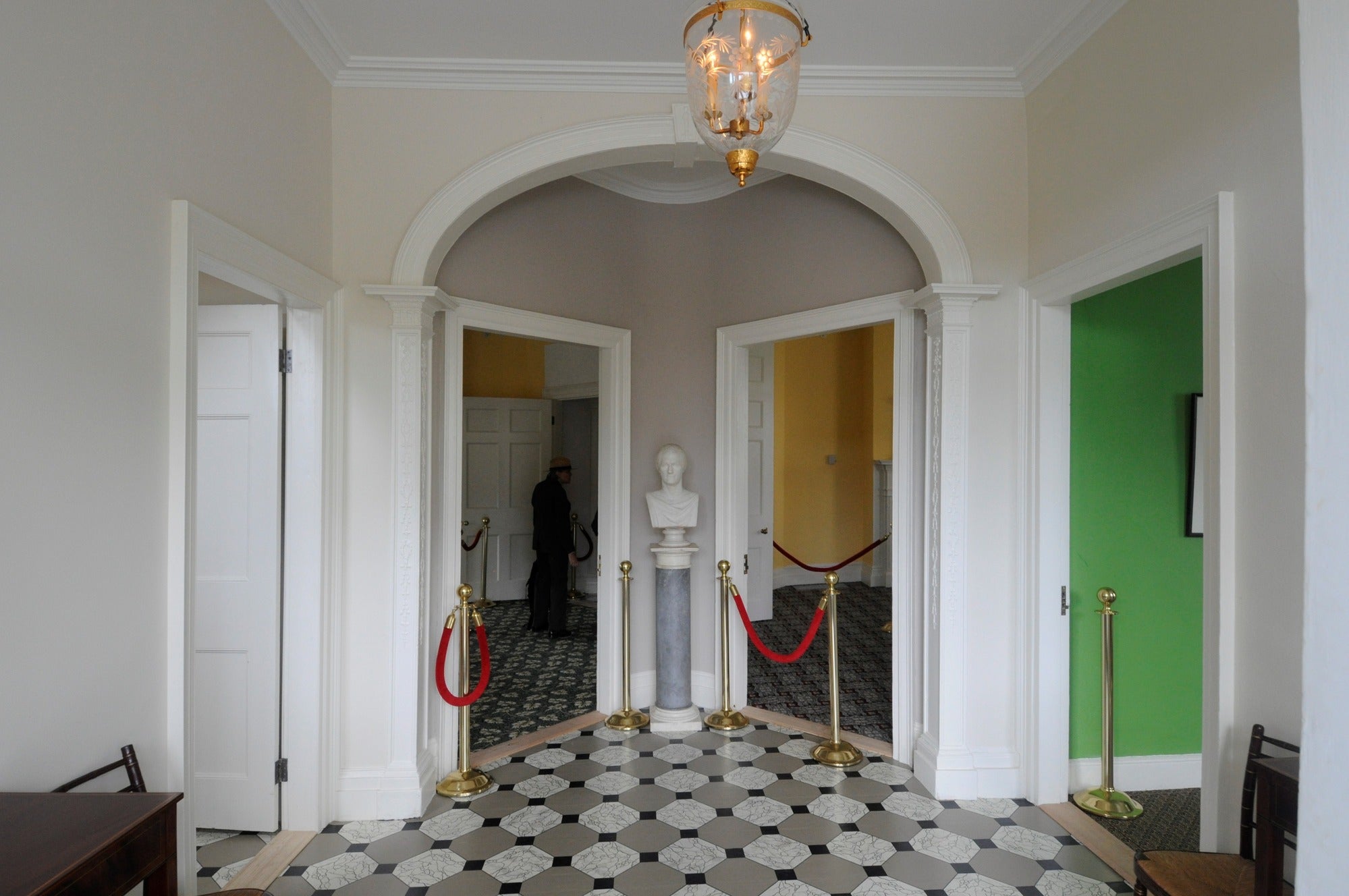 In-situ image of the Hamilton Grange Floorcloth installed in the Front Hall.