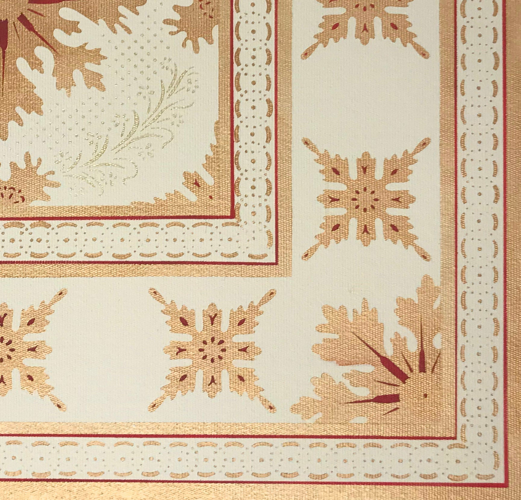 Close up of the corner of this floorcloth showing the border which is a combination of elements from the interior motifs, lines, and a complimentary circle and dot pattern.