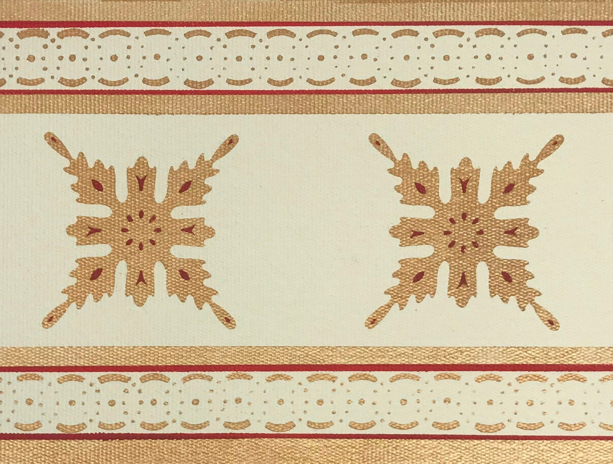 Close up of the border of this floorcloth showing the border which is a combination of elements from the interior motifs, lines and a complimentary circle and dot pattern.