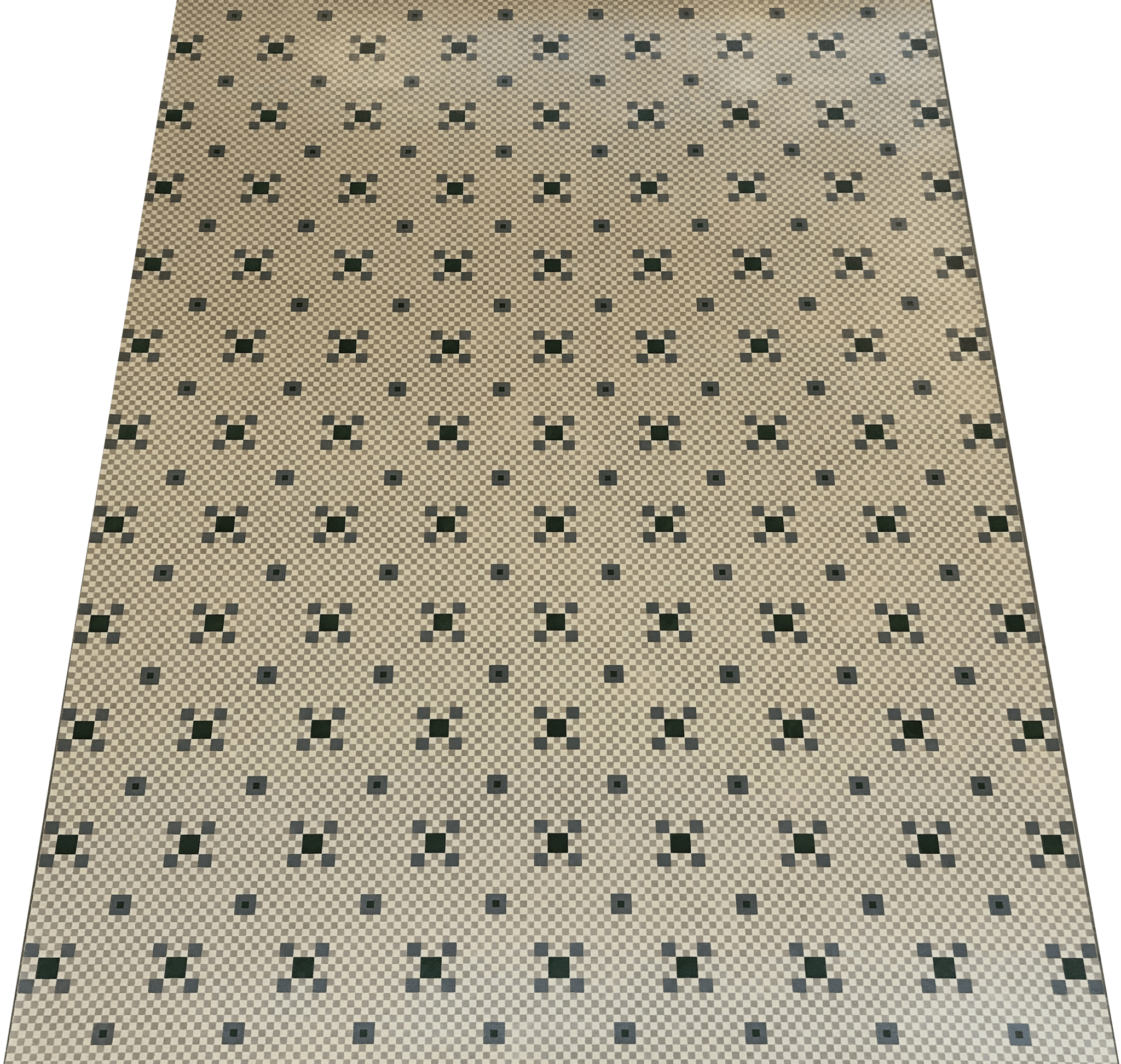 This floorcloth is based on an original linoleum pattern although the spacing between motifs is four diamonds vs. seven. 