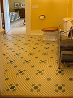 Load image into Gallery viewer, An in-situ photo of the Hindry Linoleum Floorcloth #1 installed wall-to-wall in the upstairs bathroom. 
