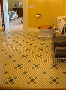 An in-situ photo of the Hindry Linoleum Floorcloth #1 installed wall-to-wall in the upstairs bathroom. 