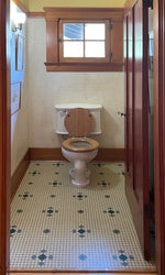 Load image into Gallery viewer, An in-situ image of this replicated linoleum pattern installed wall-to-wall in the powder room.
