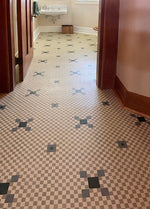 Load image into Gallery viewer, Another in-situ photo of the Hindry Linoleum Floorcloth #3 installed wall-to-wall.
