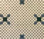 Load image into Gallery viewer, A close up of this floorcloth based on an original linoleum pattern with seven diamonds between elements and the patten on the square.

