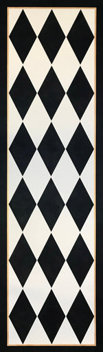 Load image into Gallery viewer, The full image of this traditional floorcloth which employs a classic harlequin pattern of elongated diamonds in cream and black. 
