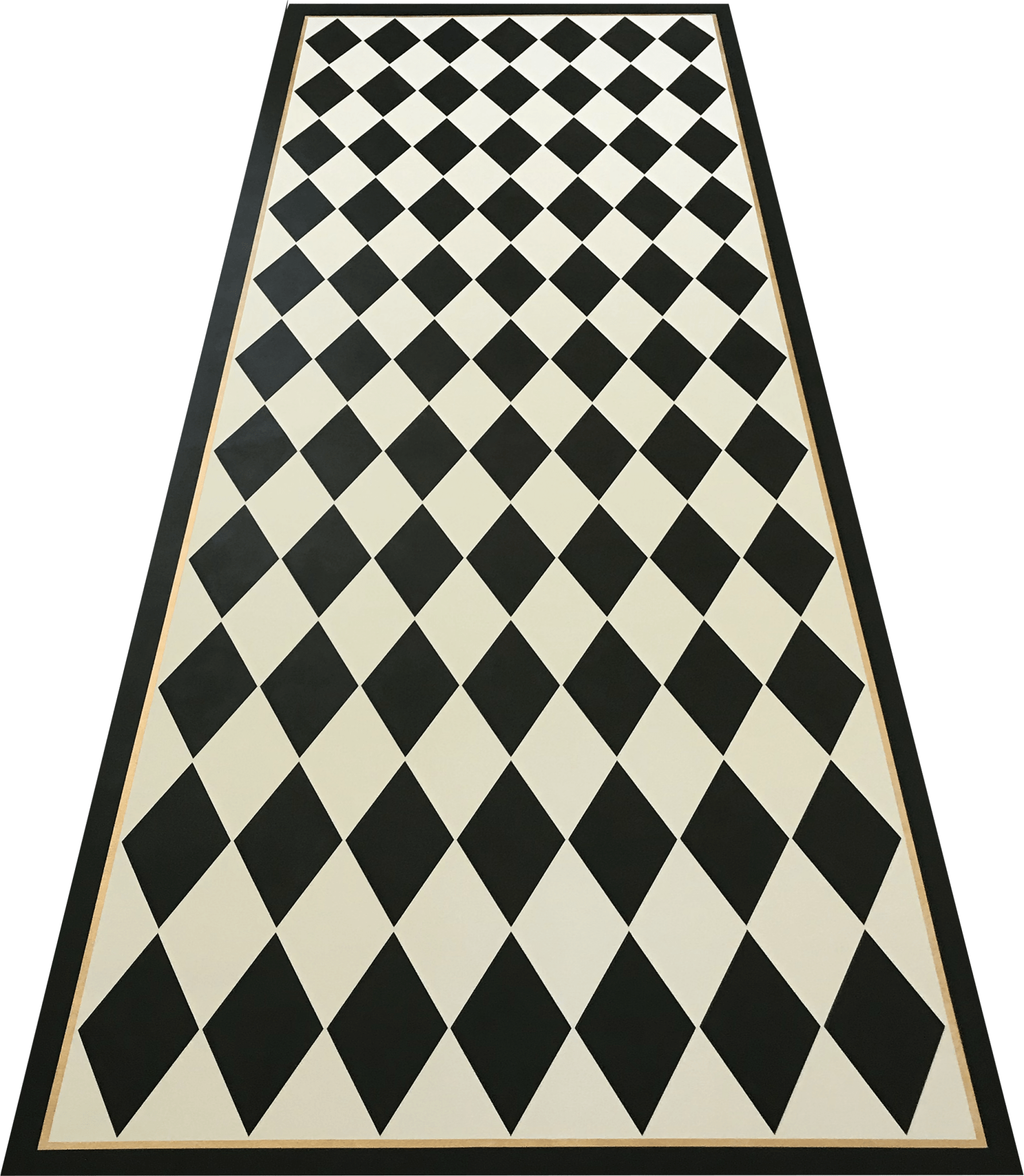 Full image of this 5'3" x 15' 9" harlequin patterned floorcloth in a soft yellow-white and charcoal colorway.