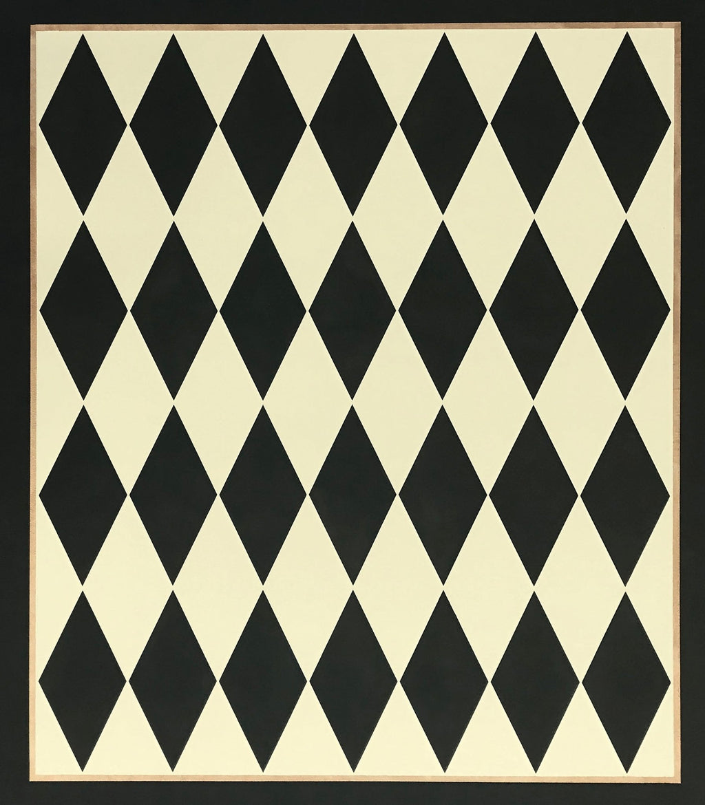 Full image of this 5'3" x 6' harlequin patterned floorcloth in a soft yellow-white and charcoal colorway.
