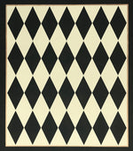 Load image into Gallery viewer, Full image of this 5&#39;3&quot; x 6&#39; harlequin patterned floorcloth in a soft yellow-white and charcoal colorway.
