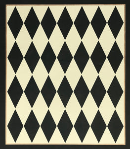 Full image of this 5'3" x 6' harlequin patterned floorcloth in a soft yellow-white and charcoal colorway.