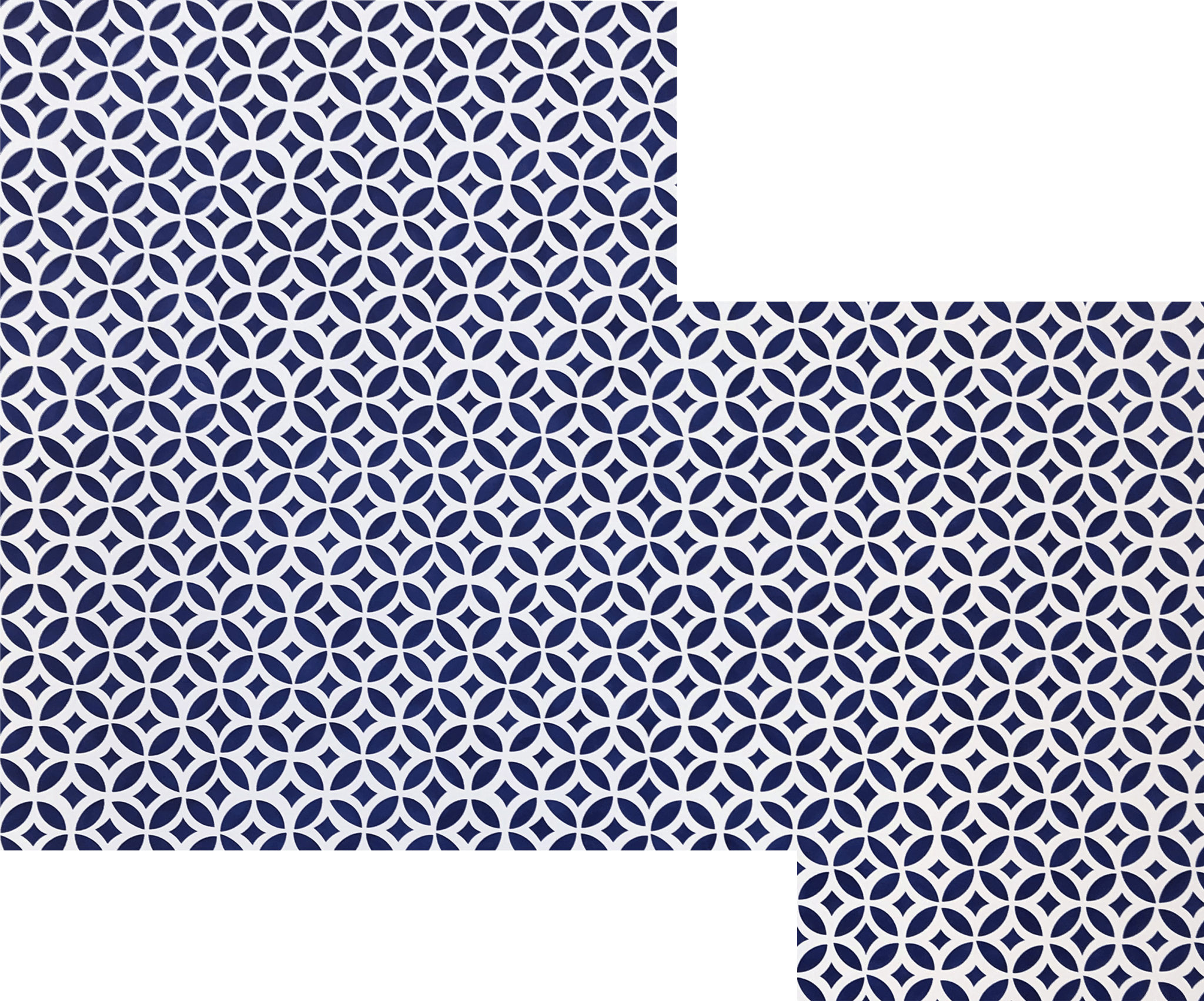 Full image of this shaped piece made to perfectly fit the footprint of the bathroom.  The pattern is a interlocking circle design.