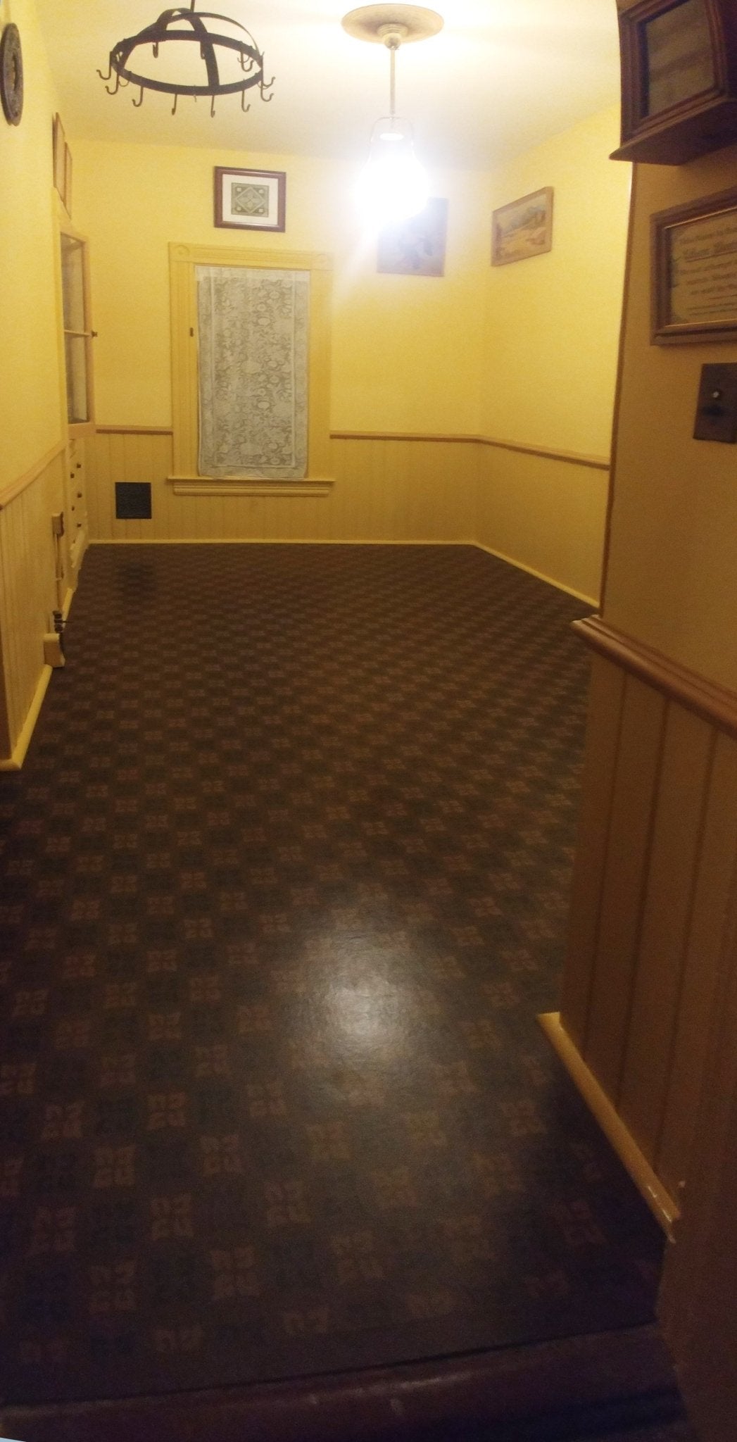 This is the fully installed wall-to-wall floorcloth, a reproduction of an original linoleum pattern, c.1910 or so. 