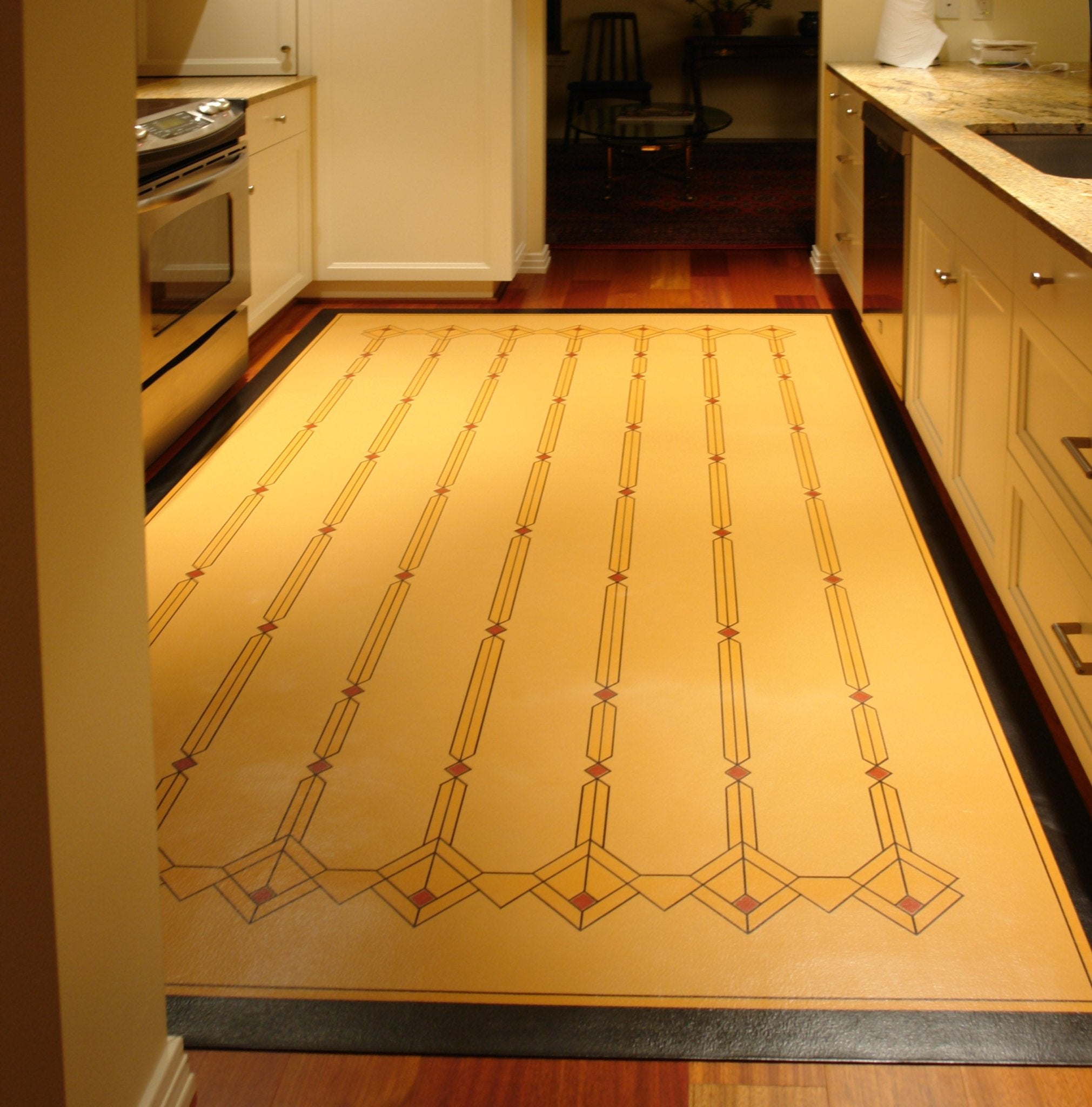 An in-situ image of Leaded Glass Floorcloth #2 in it's kitchen.