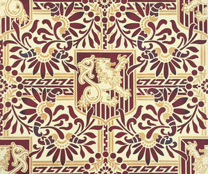 A close up of the pattern for this floorcloth featuring a lion in shield with floral and Greek Key elements. 