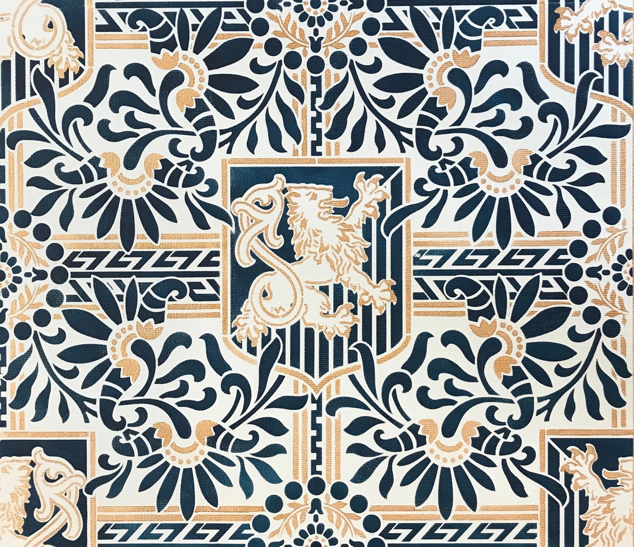 A close up of the pattern for this floorcloth featuring a lion in shield with floral and Greek Key elements.