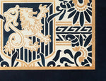 Load image into Gallery viewer, A corner view of the pattern for this floorcloth featuring a lion in shield with floral and Greek Key elements.

