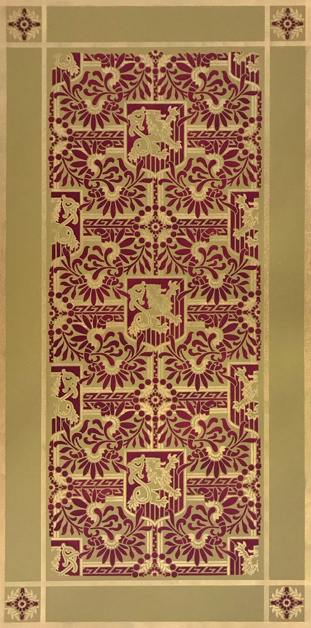 This is a full image of this floorcloth, based on a wallpaper pattern, c.1886, from the A.W.P.M.A. (American Wallpaper Manufacturer’s Association). This floorcloth deploys the original wallpaper palette.