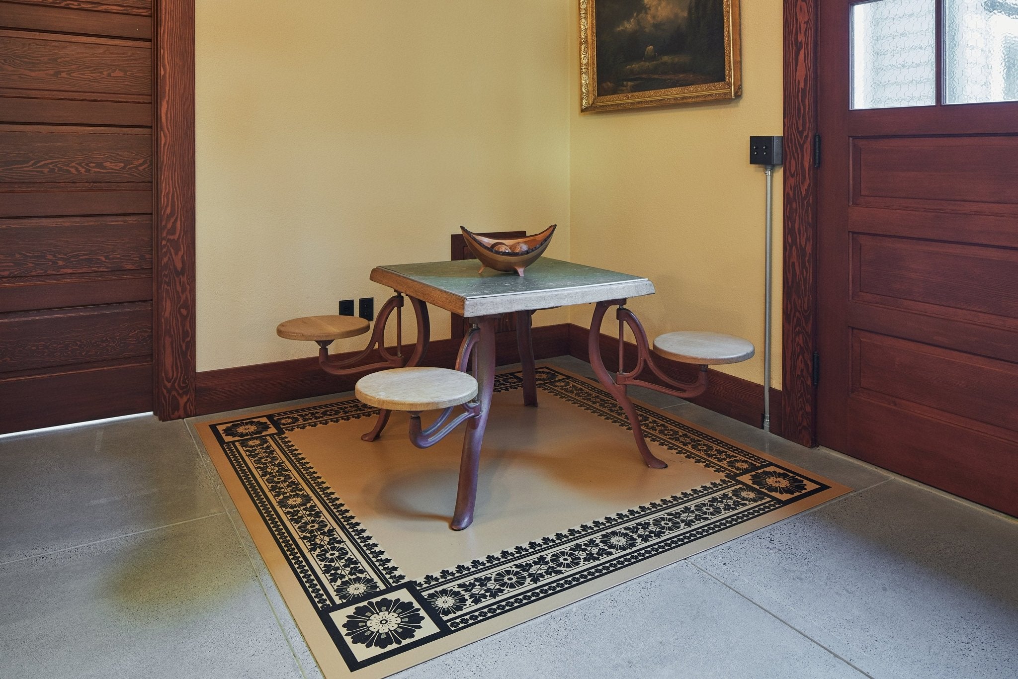 In-situ image of this floorcloth based on a pattern from Christopher Dresser's "Studies in Design" c. 1875. Photo by Sally Painter.