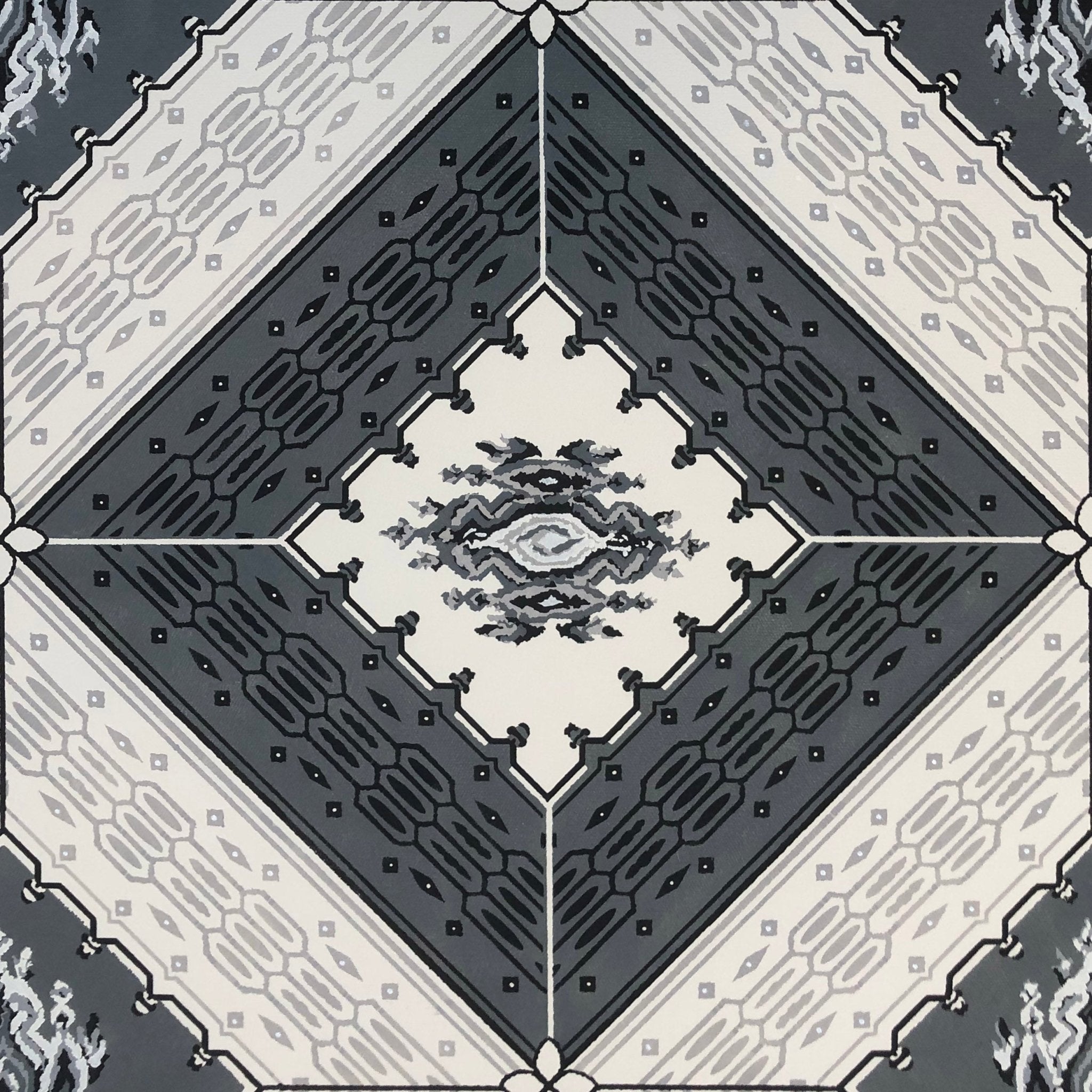 Close up image of the gray diamond motif for Melrose Floorcloth #1.