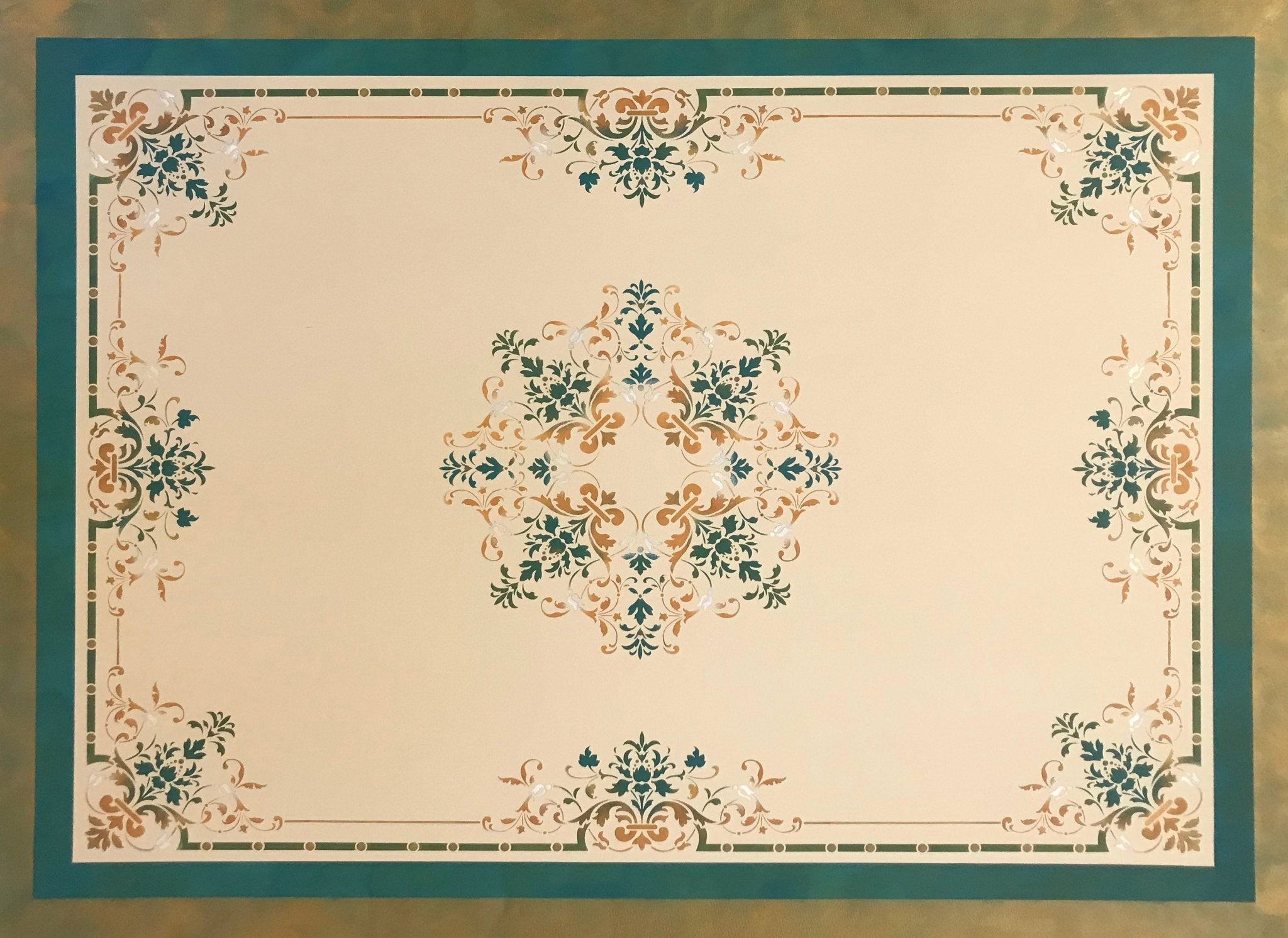 The full image of this floorcloth based on a classic European ceiling design. 