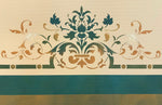 Load image into Gallery viewer, A close up of the side/border of this floorcloth, showing the scrolls and floral elements that make up this victorian ceiling design which works well as a floorcloth design. 
