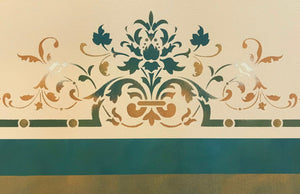 A close up of the side/border of this floorcloth, showing the scrolls and floral elements that make up this victorian ceiling design which works well as a floorcloth design. 