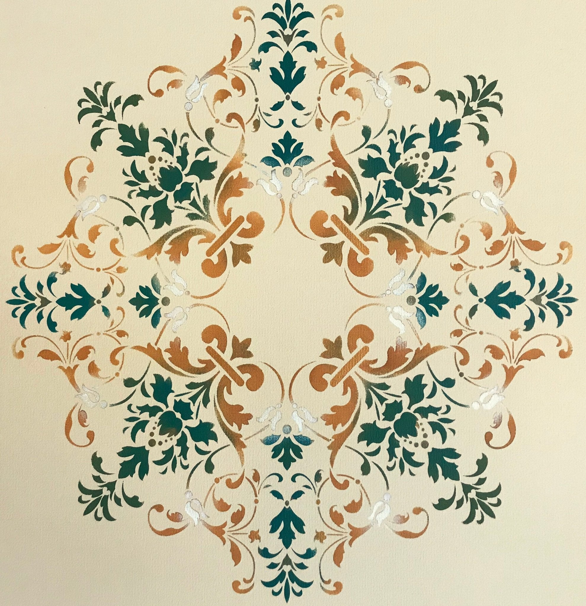 A close up of the center medallion on this floorcloth, the overall design being based on a victorian ceiling pattern.