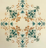 Load image into Gallery viewer, A close up of the center medallion on this floorcloth, the overall design being based on a victorian ceiling pattern.
