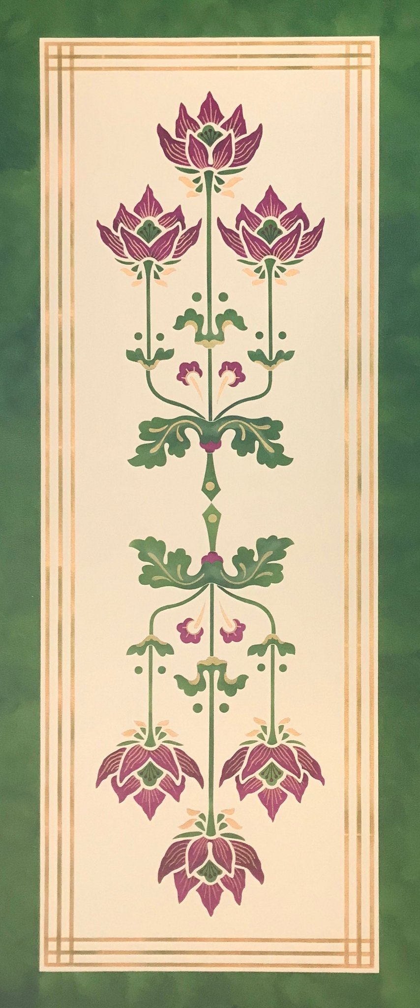 Full image of this floorcloth based on Christopher Dresser's Poppy motif from "Studies in Design" c. 1875.