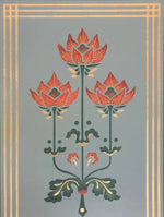 Load image into Gallery viewer, A closeup image of the floral detail on this floorcloth, based on Christopher Dresser&#39;s Poppy design.
