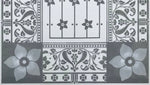 Load image into Gallery viewer, A close up of the corners and border for this floorcloth based on a Dresser design.
