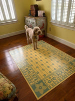 Load image into Gallery viewer, In-situ image of this floorcloth based on a Dresser design.  Did we mention that doggies love floorcloths?
