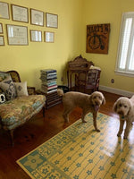 Load image into Gallery viewer, In-situ image of this floorcloth based on a Dresser design. Did we mention that doggies love floorcloths?
